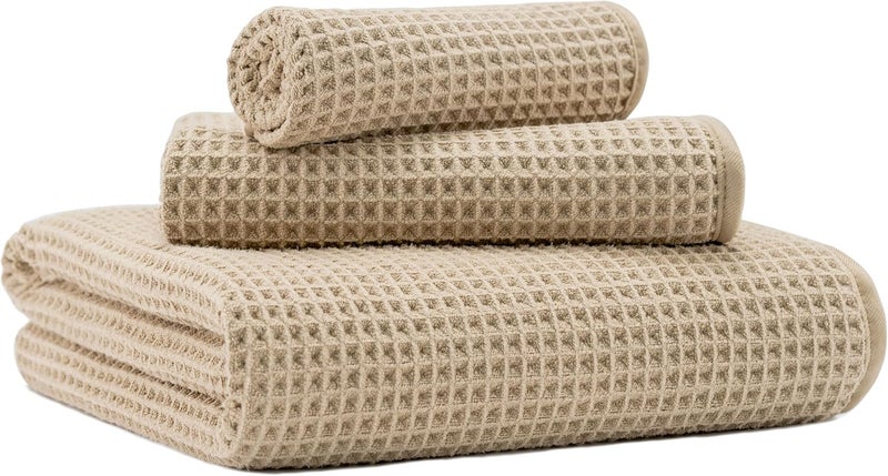 MICROFI New Microfiber Waffle Bath Towels, 3 Pieces, Oversized, Soft, Absorbent, Fast Drying, Lint Free, Includes Bath, Face and Hand Towels - Image 1